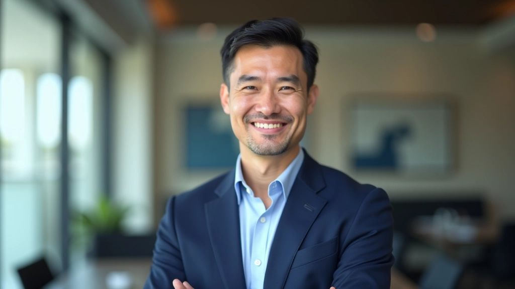 Professional headshot of male coach with warm smile, business attire, modern office setting